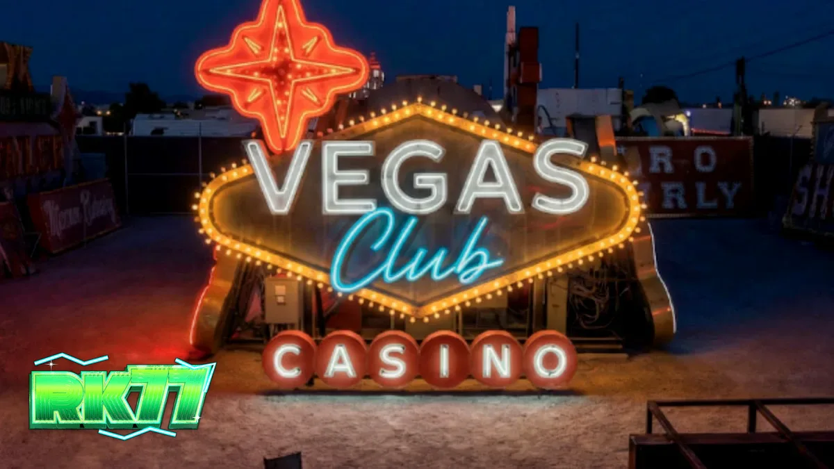 Pemandangan digital kasino daring modern dengan lampu neon bergaya Las Vegas.
